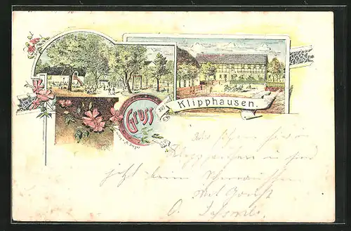 Lithographie Klipphausen, Gasthaus mit Garten-Terrasse