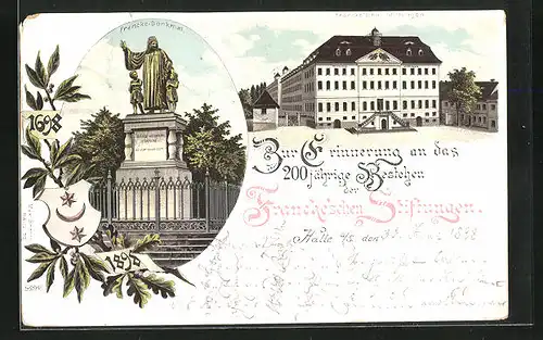Lithographie Halle / Saale, Zur Erinnerung an das 200. jährige bestehen der Francke`schen Stiftung, Francke-Denkmal