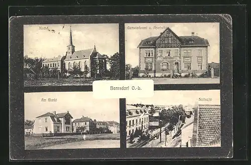 AK Bernsdorf / Oberlausitz, Gemeindeamt mit Apotheke, Kirche, Häuser am Markt