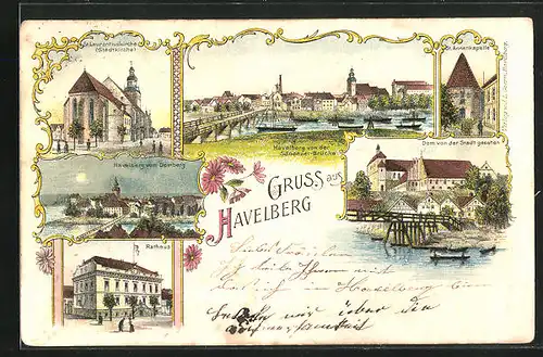 Lithographie Havelberg, St. Laurentiuskirche, Rathaus, St. Annakapelle