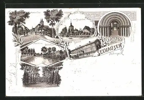 Lithographie Seehausen / Altmark, Bahnhof mit einfahrender Dampflok, im Schillerhain, Inneres Westportal der St. Petri