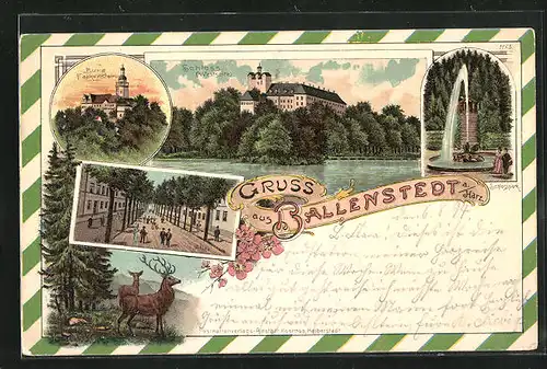 Lithographie Ballenstedt / Harz, Schloss von der Westseite, Burg Falkenstein im Dämmerungslicht, Schlosspark mit Fontaine