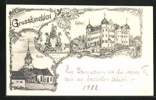 Lithographie Grosskmehlen, Schloss mit Brunnen aus dem Jahre 1741., Kirche