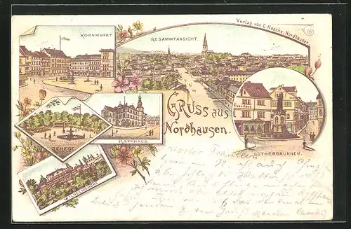 Lithographie Nordhausen, Kornmarkt, Lutherbrunnen, Rathaus, Wilhelmshöhe