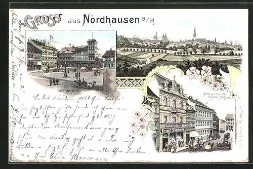 Lithographie Nordhausen a. H., Mittlerer Teil der Rautenstrasse, Kornmarkt