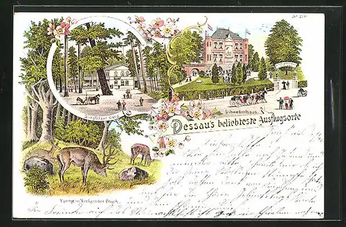 Lithographie Dessau, Gasthaus Sieglitzer Berg, Partie im Vockeroder Busch, Schwedenhaus