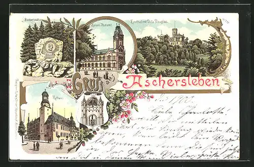 Lithographie Aschersleben, Einethal mit Villa Douglas, Bismarckstein, Kaiserl. Postamt