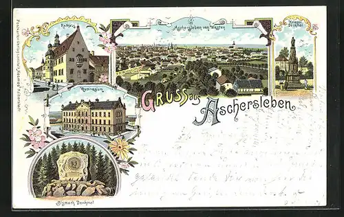 Lithographie Aschersleben, Gymnasium, Rathaus, Bismark-Denkmal