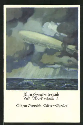 Künstler-AK Otto Amtsberg: Zeppelin fliegt über dem offenen Meer