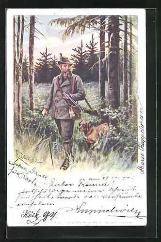 Künstler-AK E. Döcker: Jäger mit Hund auf der Suche