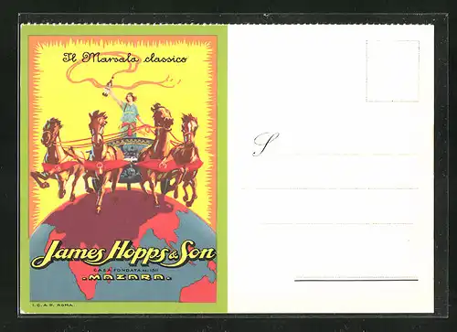 AK Reklame für James Hopps & Sons Mazara, Die Quadriga reitet auf dem Globus