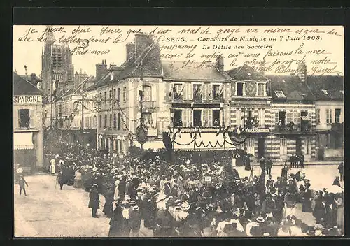 AK Sens, Concours de Musique du 7. Juin 1908, Le Tétilé des Sociétés, Sängerfest