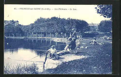 AK Vigneux-sur-Seine, Les Pêcheurs, Le Lac, Angeln