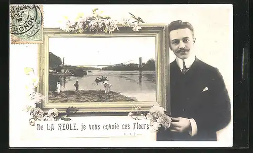 AK La Reole, Blick auf einen Fluss mit Brücke, Mann im Anzug mit Schnauzer