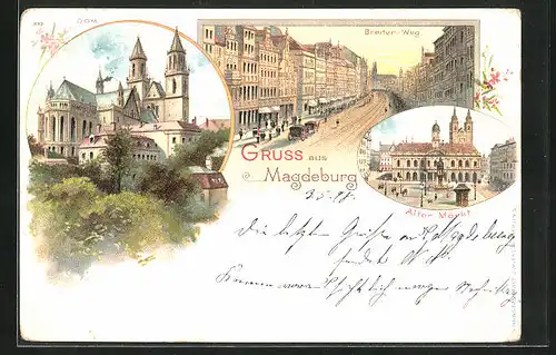 Lithographie Magdeburg, Blick auf den Dom und den Alten Markt