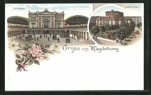 Lithographie Magdeburg, Bahnhof und Stadttheater