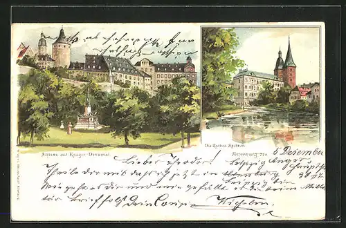 Lithographie Altenburg, Schloss mit Krieger-Denkmal und die Rothen Spitzen