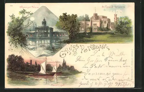 Lithographie Potsdam, Schloss Babelsberg, Pfaueninsel und der Marmor Palais