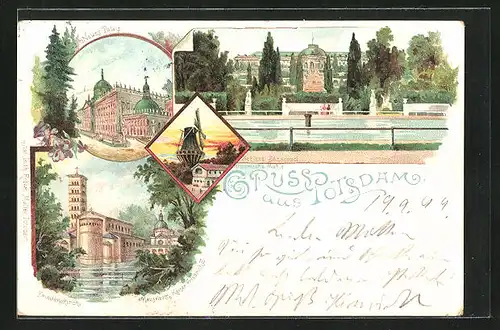 Lithographie Potsdam, Schloss Sanssouci, Friedenskirche und Mausoleum Kaiser Friedrich