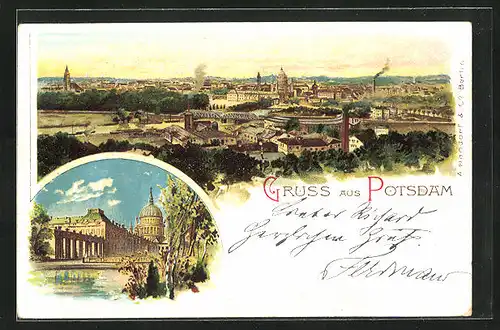 Lithographie Potsdam, Ortsansicht und Blick auf das Schloss