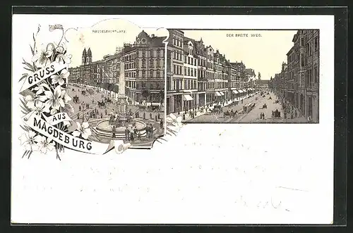 Lithographie Magdeburg, Hasselbachplatz und Blick in den Breiten Weg