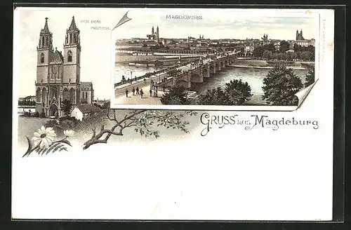 Lithographie Magdeburg, Westseite von Dom, Teilansicht mit Brücke