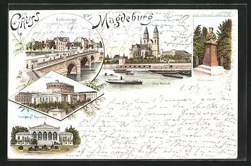 Lithographie Magdeburg, Friesen-Denkmal, Zollbrücke und Theater der Stadt