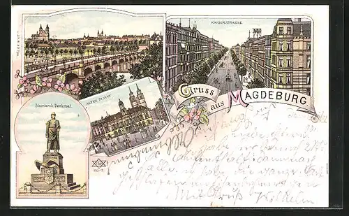 Lithographie Magdeburg, Bismarck-Denkmal, Kaiserstrasse und der Alte Markt