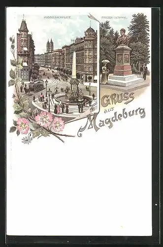 Lithographie Magdeburg, Hasselbachplatz mit Pferdebahn und Blick auf das Friesen-Denkmal