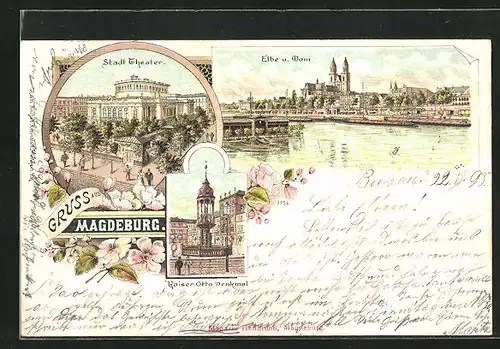 Lithographie Magdeburg, Elbe und Dom, Kaiser Otto Denkmal und Stadt Theater