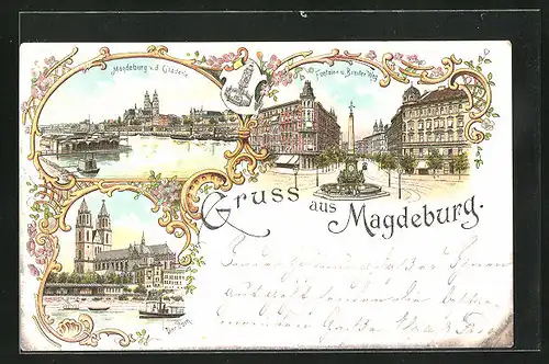 Lithographie Magdeburg, Stadt von der Citadelle und Blick auf den Dom