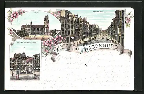 Lithographie Magdeburg, Dom und Kaiser Otto Denkmal