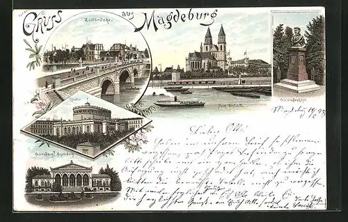 Lithographie Magdeburg, Dom Westseite und Zollbrücke