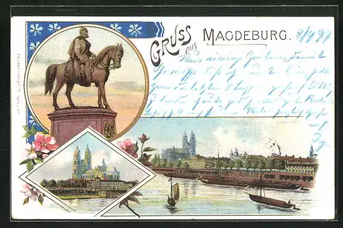 Lithographie Magdeburg, Denkmal und Dom am Wasser