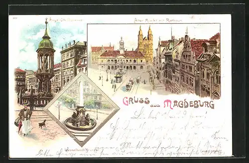 Lithographie Magdeburg, Alter Markt mit Rathaus und Hasselbachbrunnen