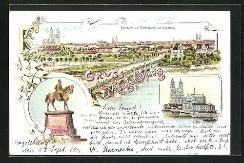 Lithographie Magdeburg, Panorama von der Friedrichstadt