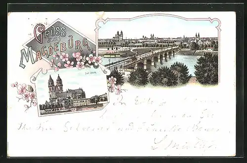 Lithographie Magdeburg, Brücke über der Elbe und Blick auf den Dom