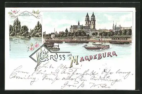 Lithographie Magdeburg, Inselteich am Friedrich-Wilhelms-Garten, Boote auf der Elbe vor dem Dom