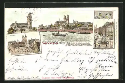 Lithographie Magdeburg, Hasselbach-Brunnen und Dom mit Elbe