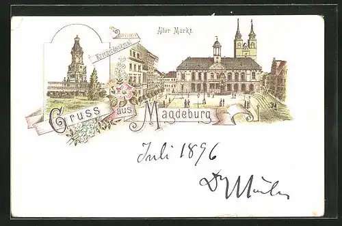 Lithographie Magdeburg, Alter Markt mit Rathaus und Kriegerdenkmal