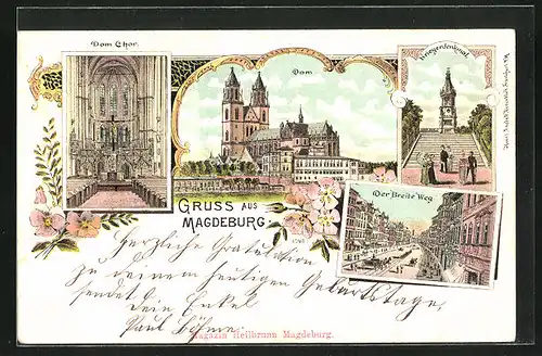 Lithographie Magdeburg, Inneres des Doms mit Chor