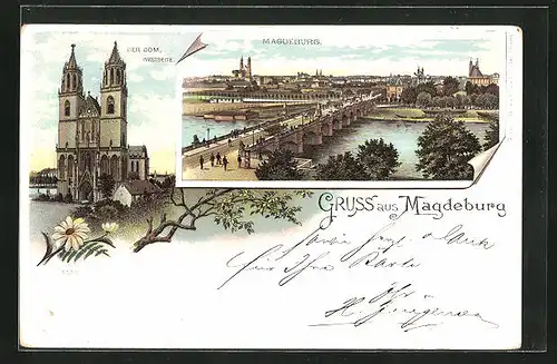 Lithographie Magdeburg, Westseite vom Dom und Brücke über der Elbe