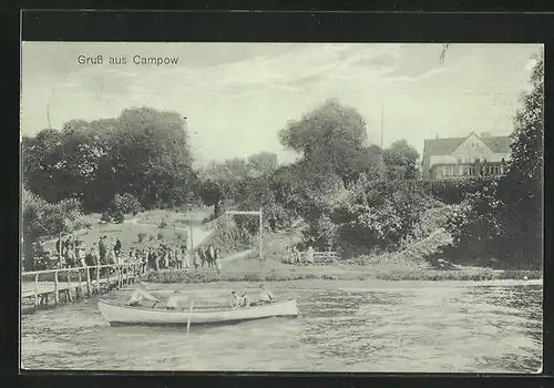 AK Campow, Wasserpartie mit Passanten auf dem Steg