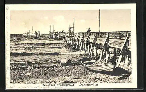 AK Brunshaupten / Ostsee, Dampferbrücke mit Schaufelraddampfer