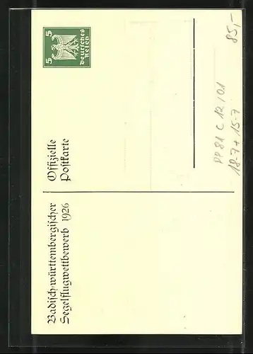 Künstler-AK Ganzsache PP81C12 /01: Badisch-Württembergischer Segelflug-Wettbewerb 1926