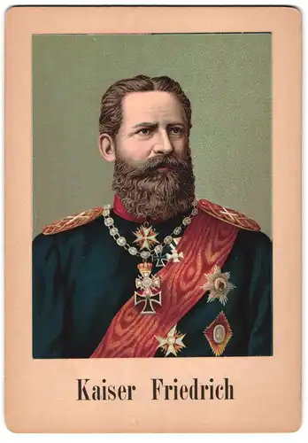 Fotografie unbekannter Fotograf und Ort, Portrait Kaiser Friedrich in Uniform mit Orden und Eisernem Kreuz