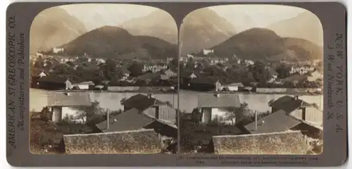 Stereo-Fotografie American Stereosco. Co., New York, 3 West Nineteenth St., Ansicht Interlaken, Ortsansicht mit Jungfrau