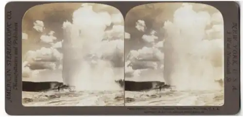 Stereo-Fotografie American Stereoscop. Co., New York, 3 West Nineteenth St., Ansicht Yellowstone, Ausbruch eines Geysirs