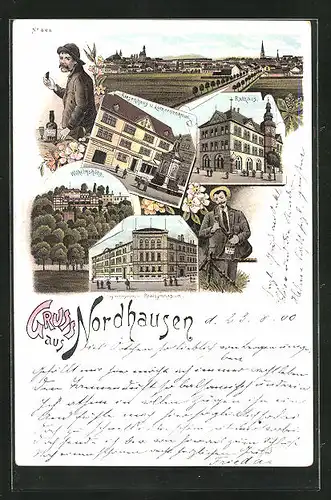 Lithographie Nordhausen, Riesenhaus u. Lutherdenkmal, Wilhelmshöhe