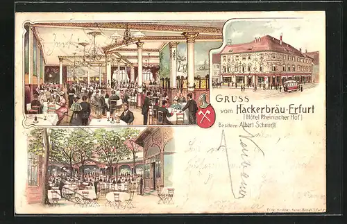 Lithographie Erfurt, Hotel Rheinischer Hof von innen und aussen, Hackerbräu